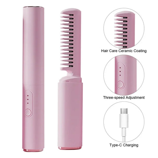 Cordless Mini Hair Straightener Comb - Rechargeable Battery - 3 Heat Levels - Portable & Travel-Friendly - For All Hair Types